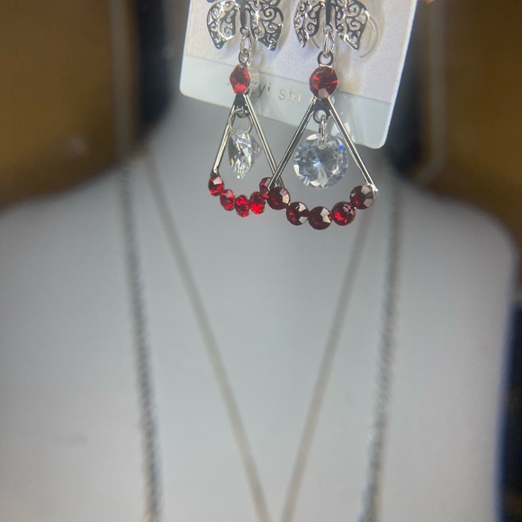 Silver and Red Butterfly Earrings - Picture 2 of 4